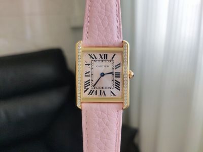 Cartier Pink Litchi-grain Strap 27mm Gold Bezel Women's Watch